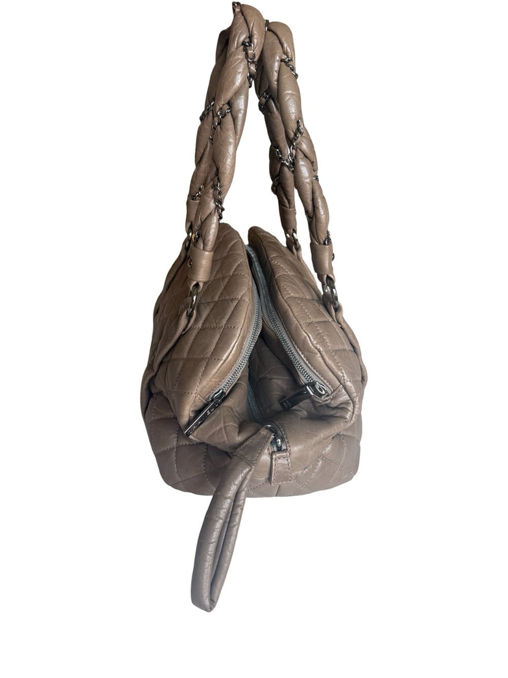 Chanel Lady Braid Bowler Bag  Distressed Lambskin Taupe Quilted Satchel 13” - Picture 5 of 11
